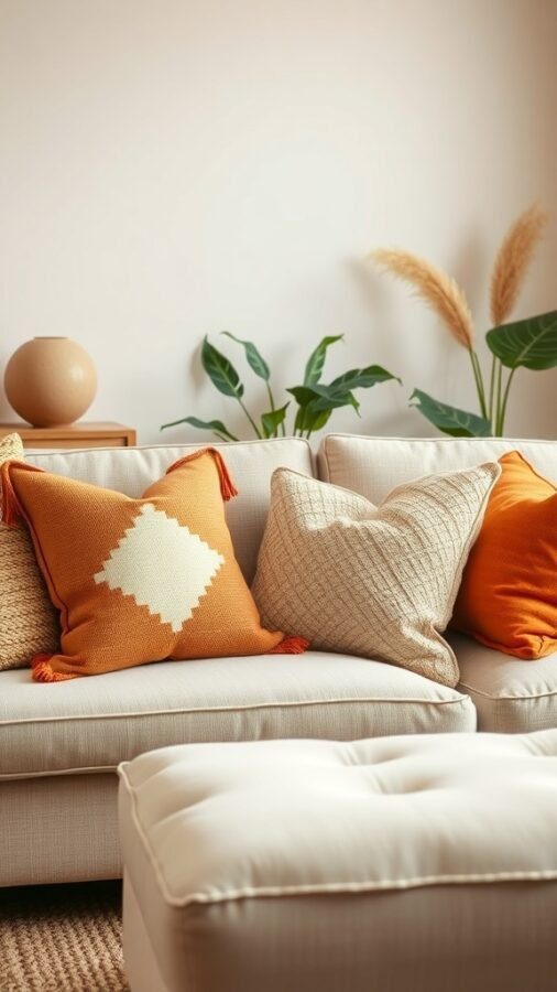 A cozy living room with throw pillows in warm tones on a light sofa.