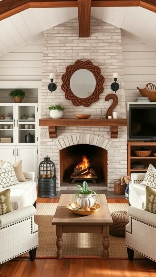 Cozy farmhouse living room with a fireplace, wooden beams, and comfortable seating.