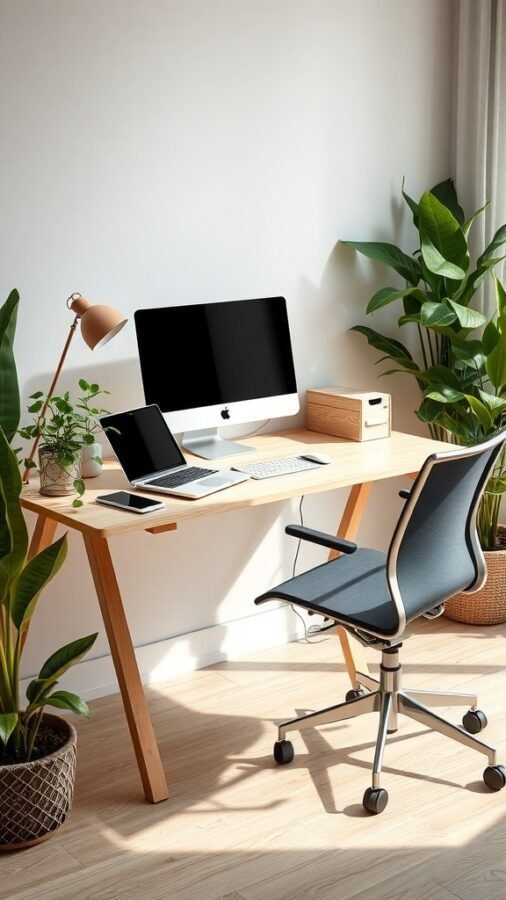 8 Essential Items for the Perfect Home Office Setup 5 A modern home office setup featuring a wooden desk, ergonomic chair, computer, and plants.