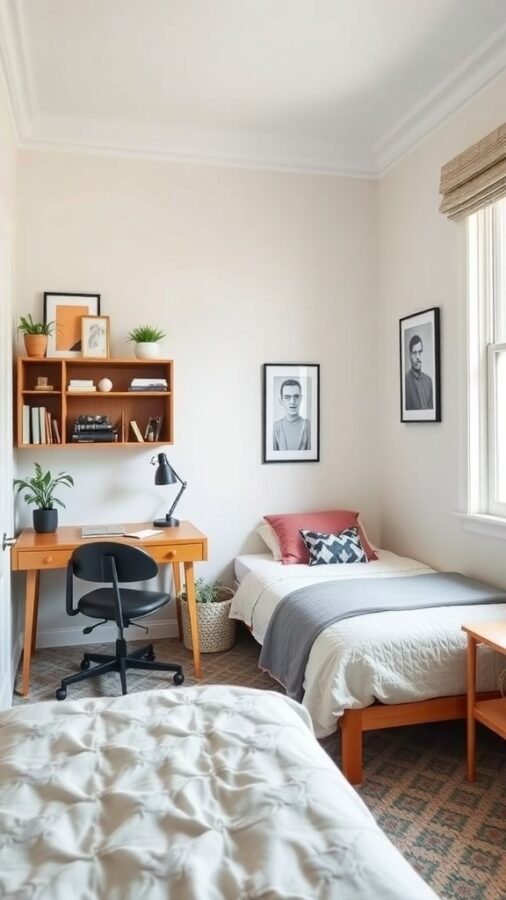 A bright room featuring a desk and chair for work, along with a neatly made bed, showcasing a functional multi-purpose space.