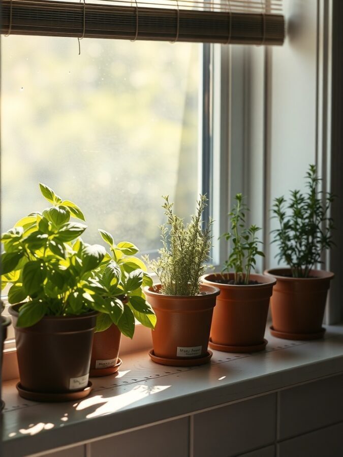 12 Charming Grandmacore Home Decor Items You Need to Try 1 A sunny kitchen windowsill with pots of various herbs like basil, rosemary, and thyme.