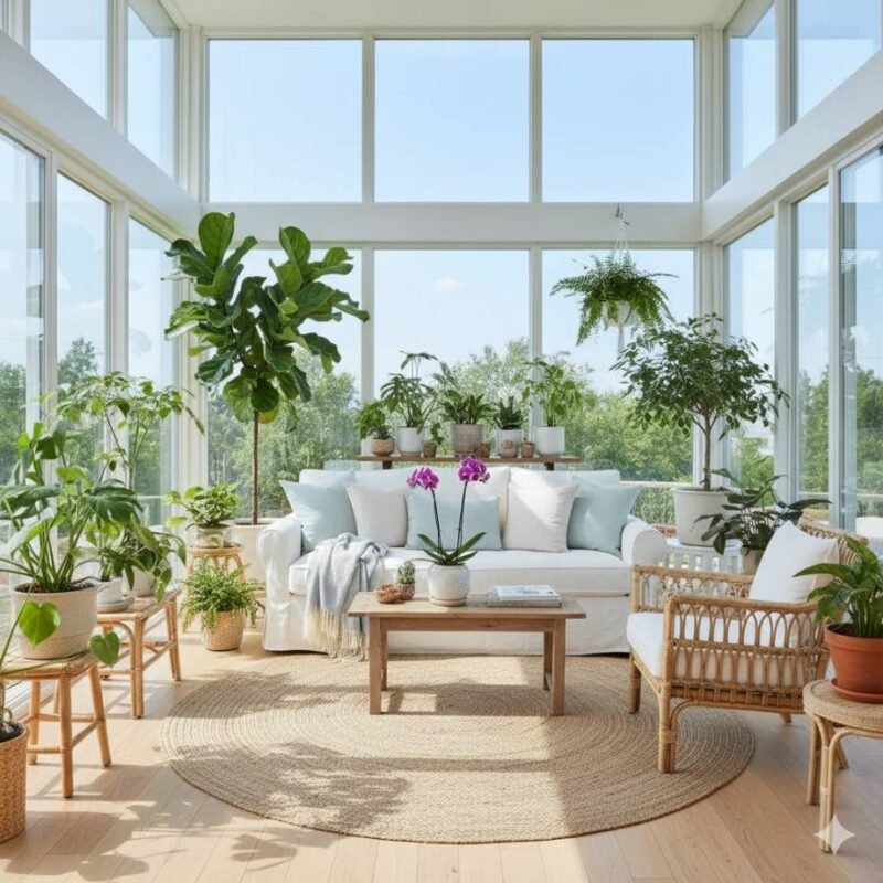 A bright and airy sunroom with plenty of plants