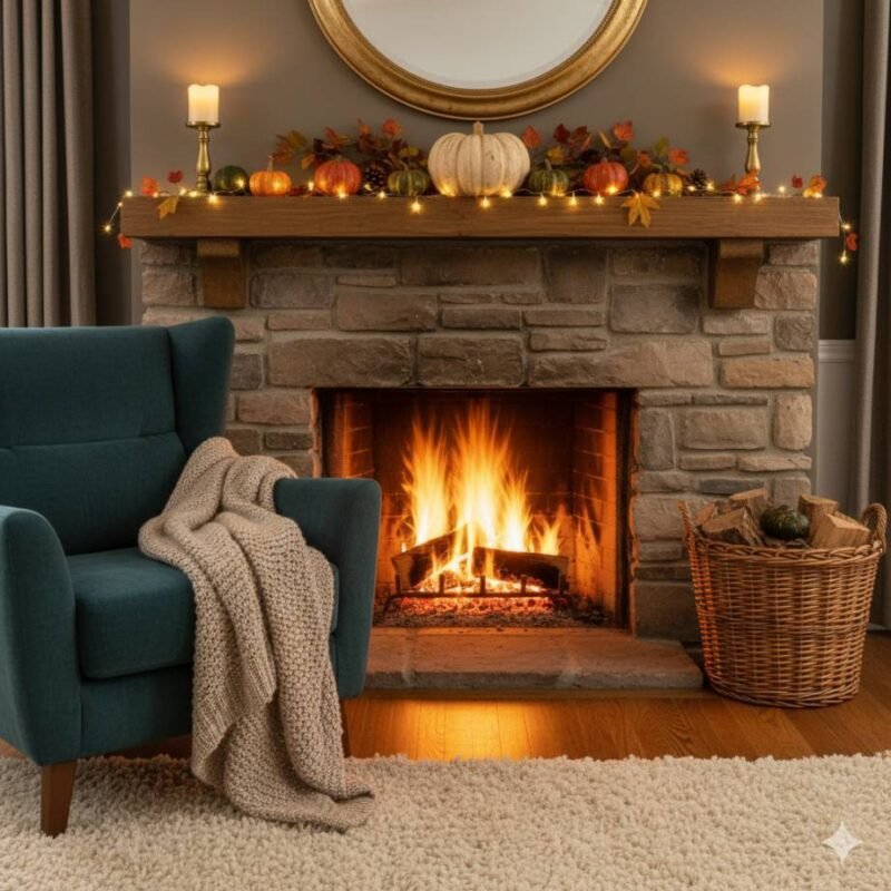 A cozy fireplace area with a mantel decorated