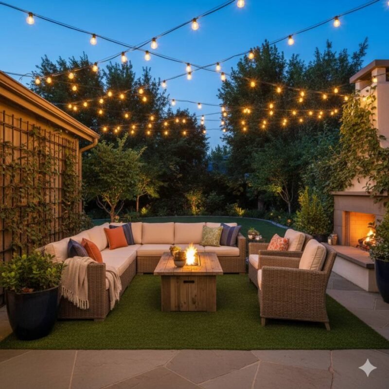 A cozy outdoor patio with comfortable seating