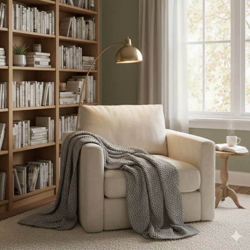 A cozy reading nook with a plush armchair a soft blanket and a bookshelf
