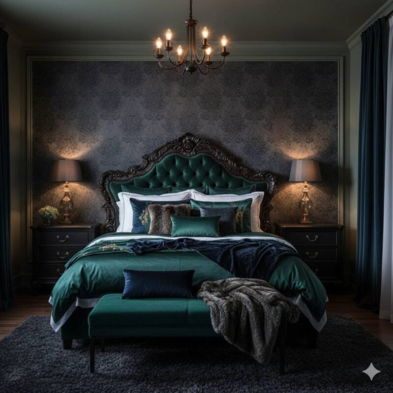 A dramatic bedroom with a dark accent wall
