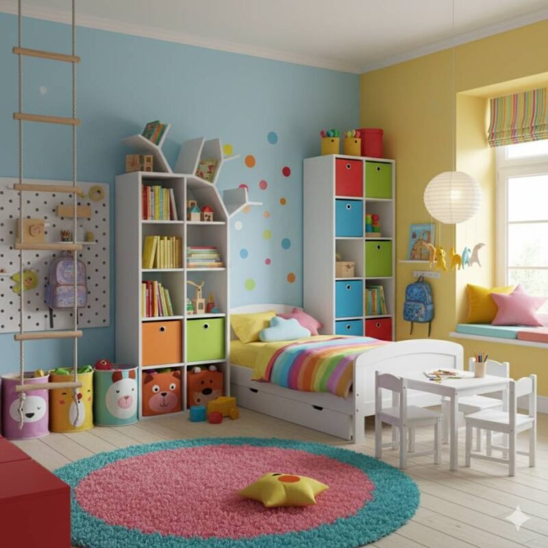 A playful kids room with bright colors