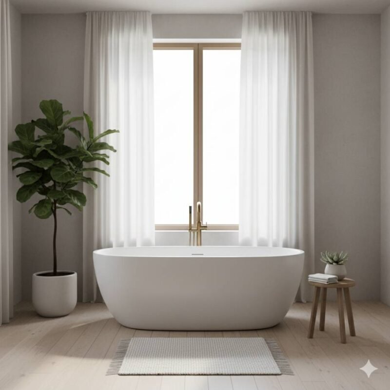 A serene bathroom with a f