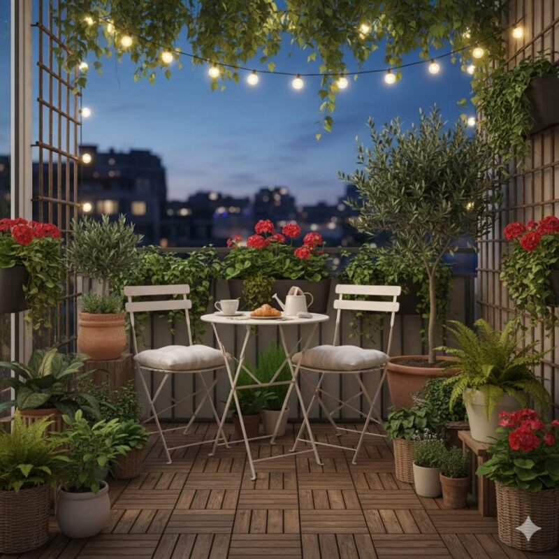 A small balcony transformed into a green oasis with potted plants and a small