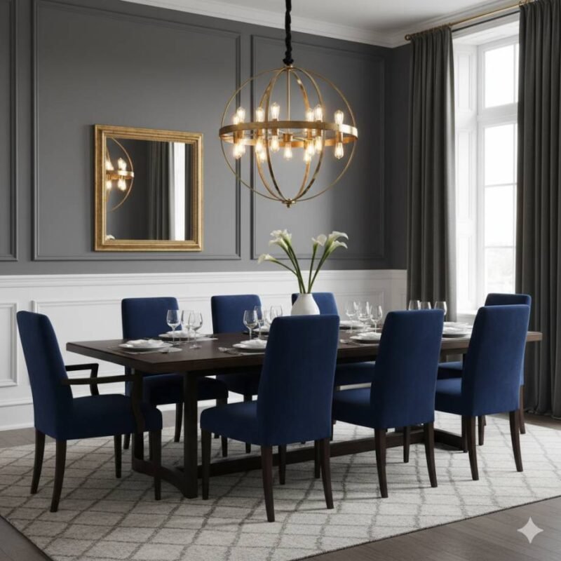 A sophisticated dining room with a statement