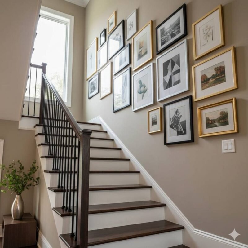 A stylish staircase with a gallery wall featuring