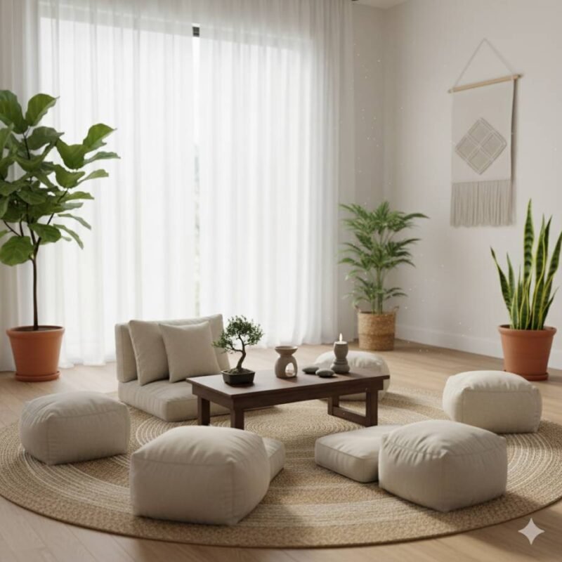 A tranquil meditation space with floor cushions