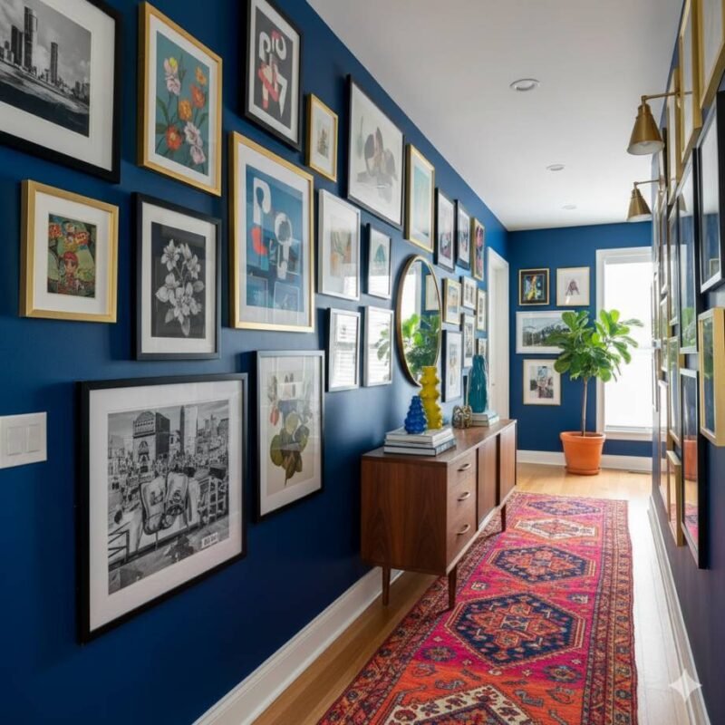 A vibrant and art filled hallway with a collection