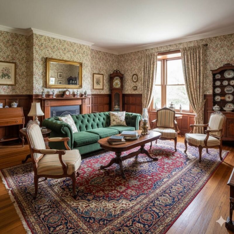 A vintage inspired living room with antique f