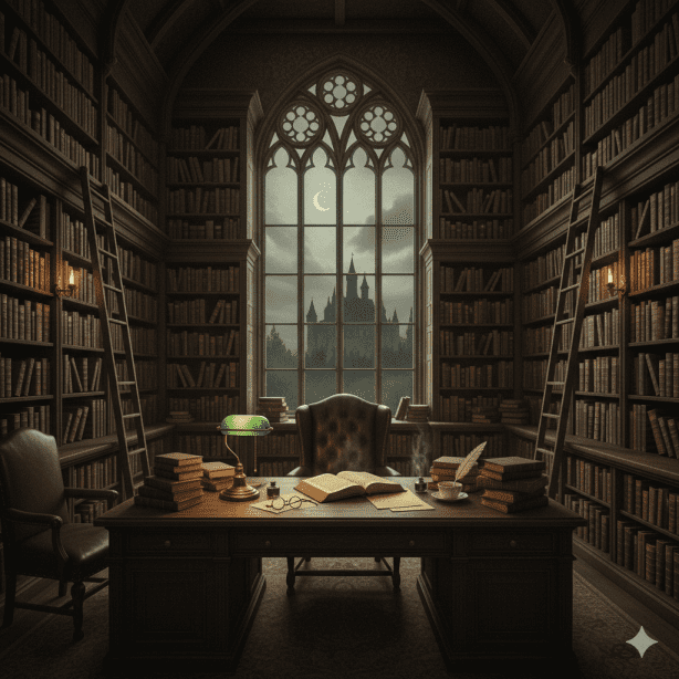 Inspired by classical literature learning and moody architecture often featuring libraries vintage stationery and a sepia or muted color palette