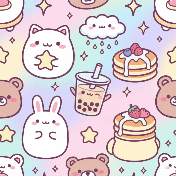 Kawaii Cute Japanese inspired cuteness typically using soft pastel colors and featuring adorable simple illustrations of food animals or tiny characters