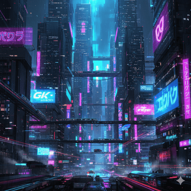 Neon Cyberpunk Futuristic high tech urban scenes with glowing elements bright neon signs pinks blues purples and dystopian cityscapes
