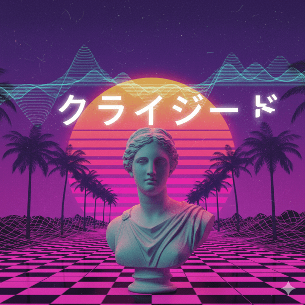 Vaporwave Retro futurism A nostalgic blend of 80s and 90s cultural elements low fidelity digital graphics Greek sculptures and vibrant sunset gradients