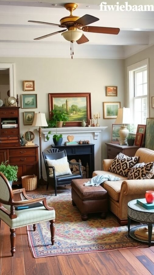 A cozy living room with vintage decor, featuring a mix of furniture styles, artwork on the walls, and plants.