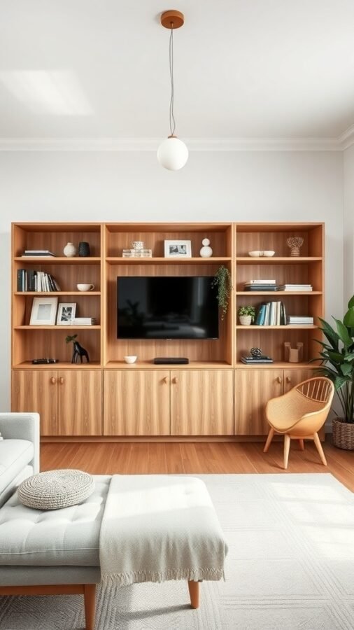 A modern Nordic living room featuring a wooden shelving unit with a TV, decorative items, and a cozy seating area.