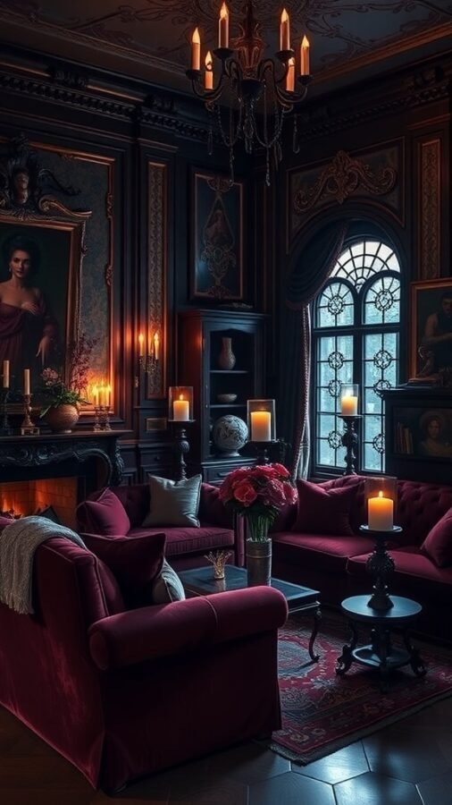 A gothic-inspired living room featuring red velvet sofas, a chandelier, and dark walls.