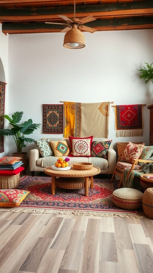 A cozy living room featuring eclectic bohemian style with colorful textiles, patterned cushions, and natural materials.