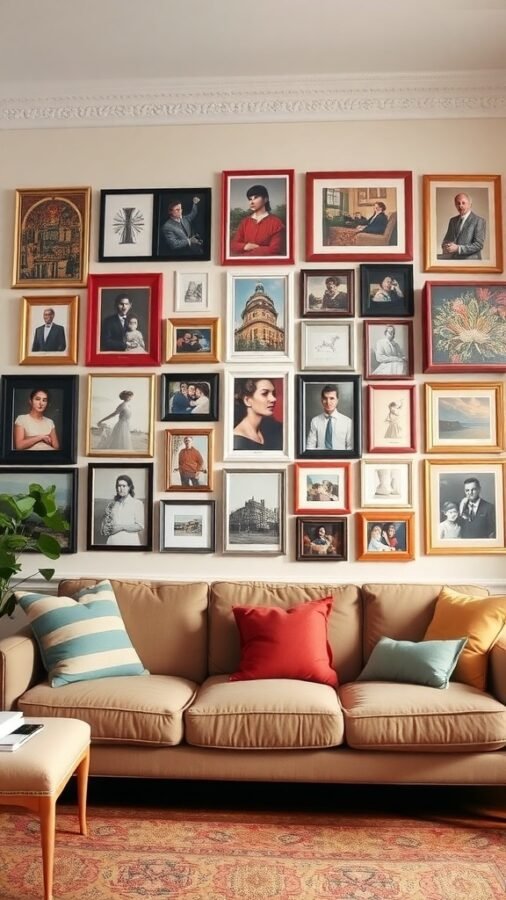 A cozy living room with a gallery wall featuring a variety of framed artworks and photographs.