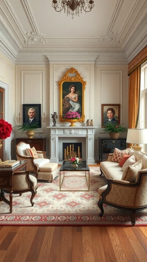 A classic living room featuring elegant furniture, a fireplace, and ornate decor.