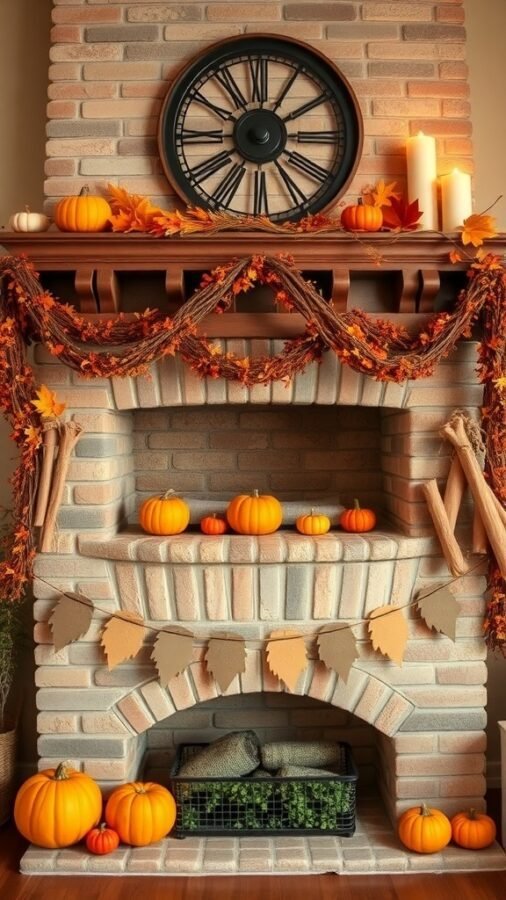 A cozy fireplace decorated for fall with pumpkins, leaves, and candles.