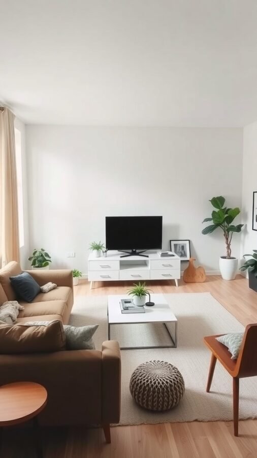 A minimalist living room featuring a brown sofa, a coffee table, plants, and a mounted television.