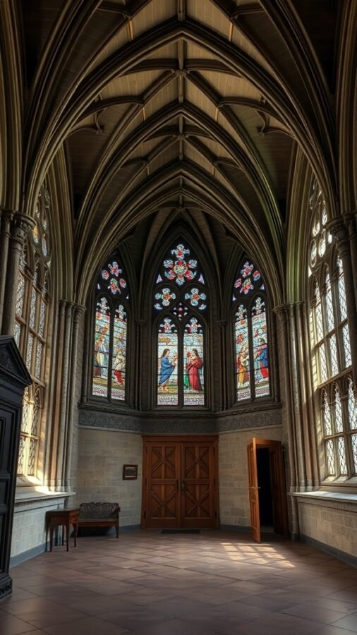 Interior of a Gothic-style room featuring pointed arches and stained glass windows.