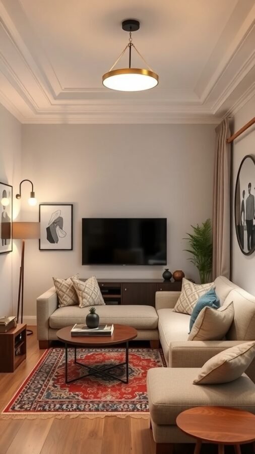 A small living room featuring two pendant lights, a cozy sofa, and decorative plants.