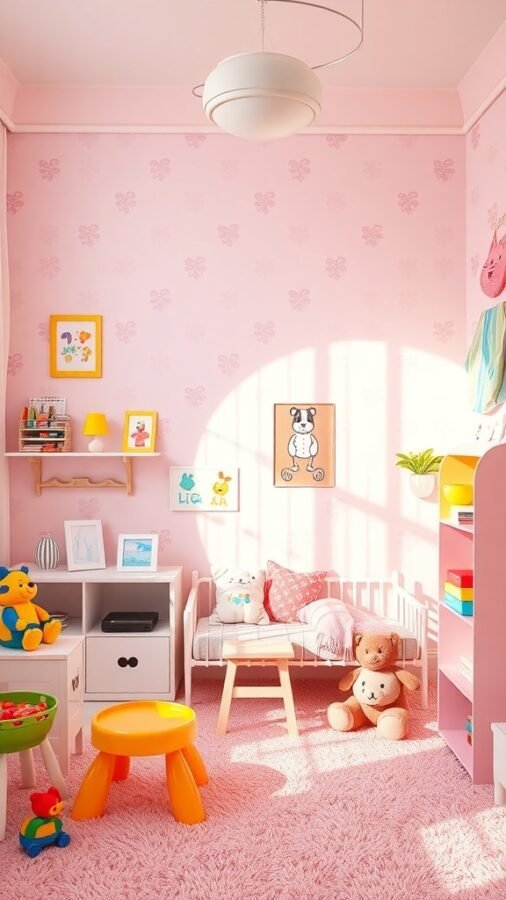 A bright and playful children's room with pastel pink wallpaper, colorful toys, and cozy seating.