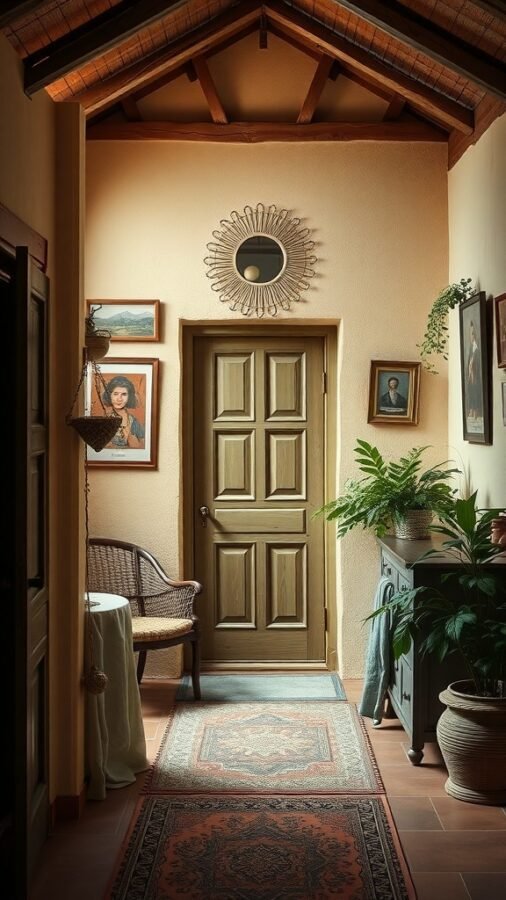 A cozy hallway with warm colors, wooden beams, plants, and artwork.