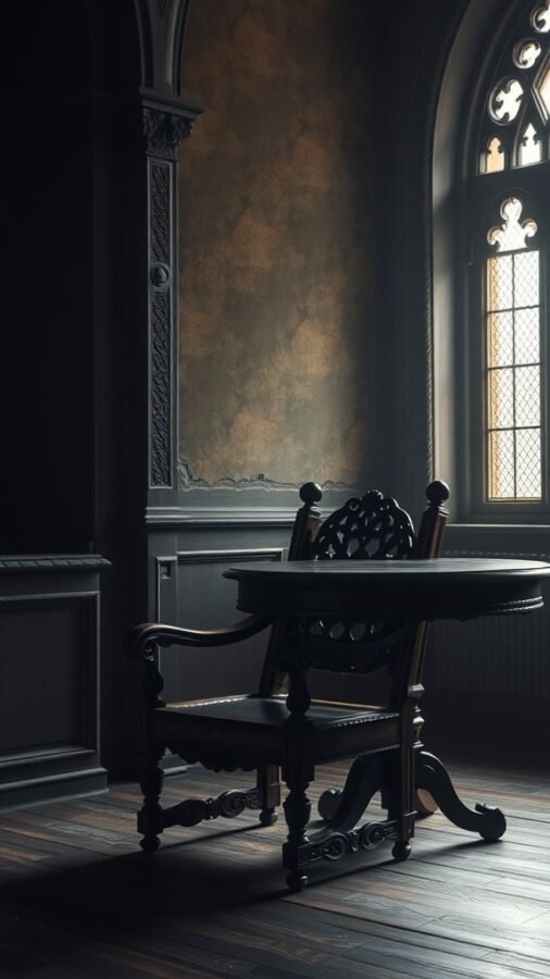 A gothic-inspired room featuring an antique wooden chair and table, with an ornate window casting light.