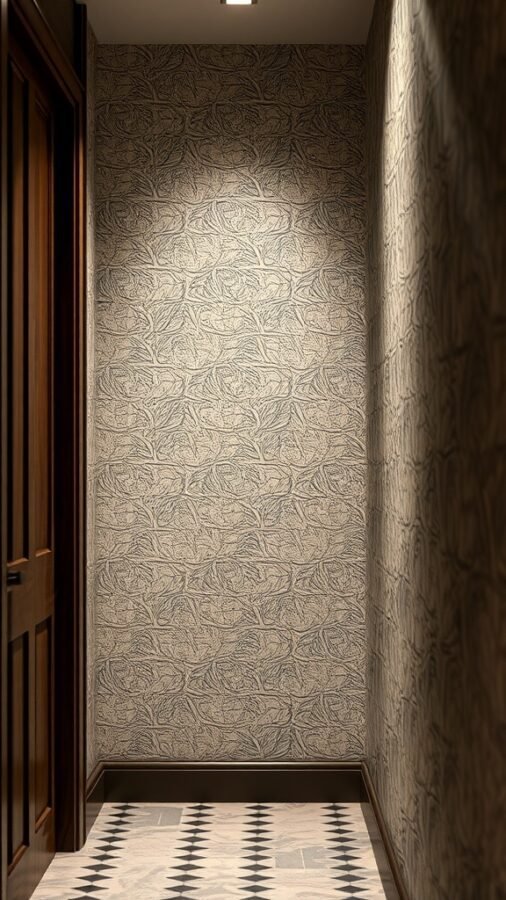 A hallway with textured wallpaper featuring an organic pattern and wooden accents.