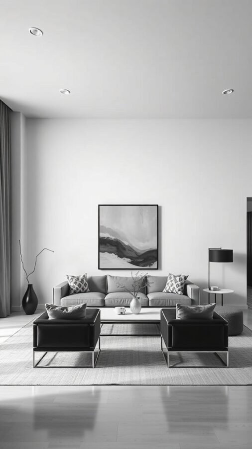 A modern living room featuring a gray sofa, black armchairs, and an abstract art piece on the wall.
