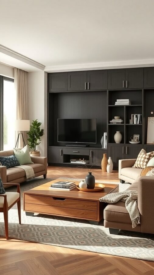 A modern Nordic living room featuring cozy sofas, a stylish coffee table, and a wall unit with storage.