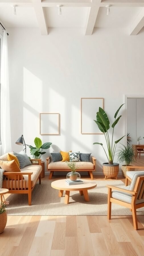 A minimalist living room featuring natural wood furniture, plants, and a light color palette.