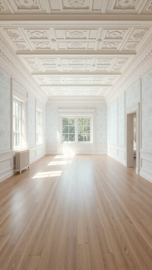 A spacious room with white wallpaper and a detailed ceiling, featuring large windows and light wood flooring.