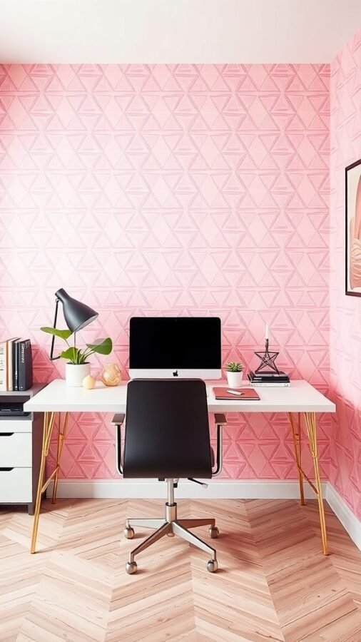 A modern workspace with pink geometric wallpaper, a white desk, and a black chair.