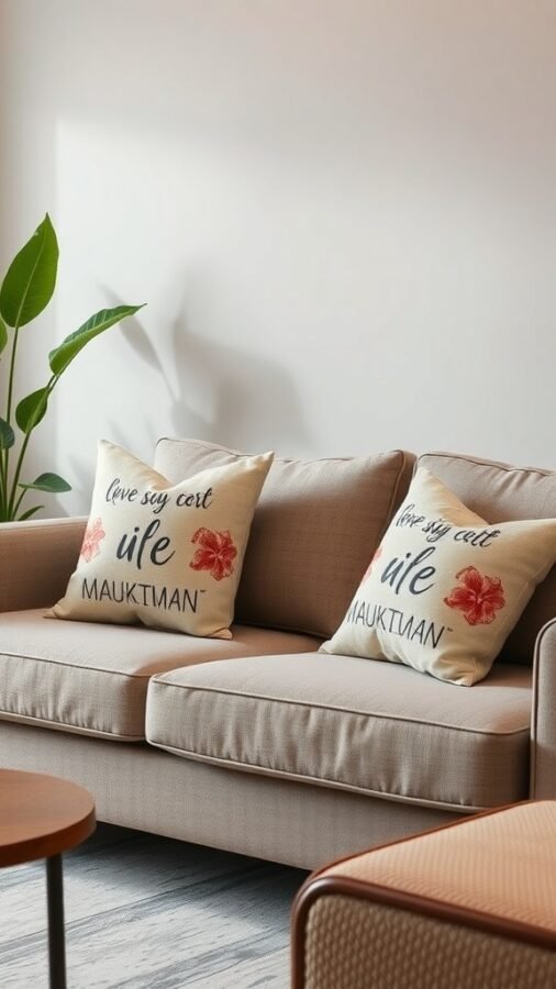 Cozy sofa with customized throw pillows featuring unique designs and floral patterns.