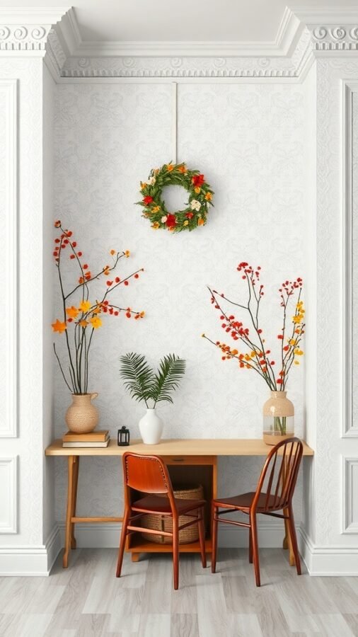 A cozy corner with white wallpaper, featuring a wreath and colorful floral arrangements.