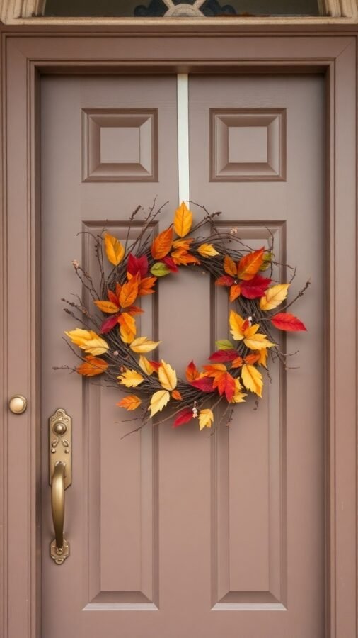 A DIY wreath made of colorful fall leaves hanging on a door.