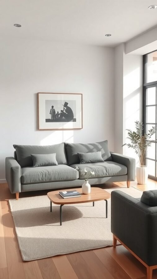 A minimalist living room featuring a gray sofa, a wooden coffee table, and a plant, with natural light streaming in.