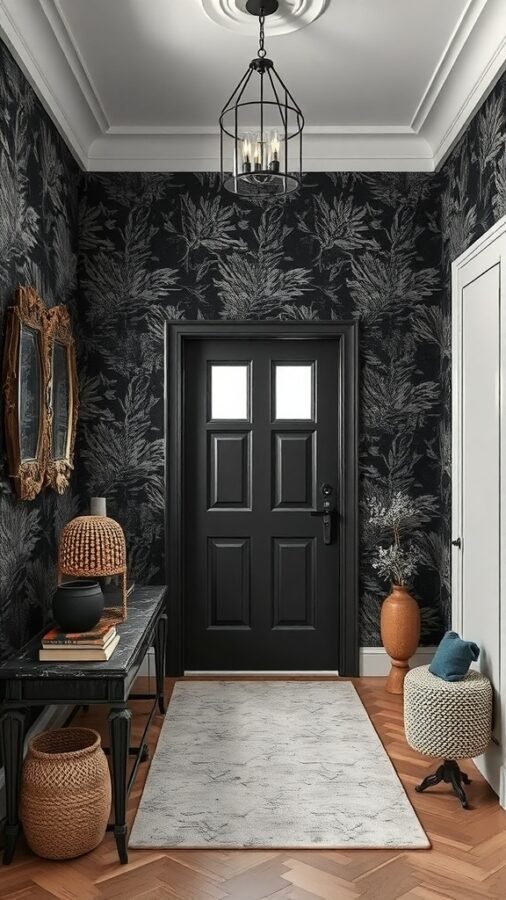 An entryway featuring black wallpaper with leaf patterns, a black door, and stylish decor.