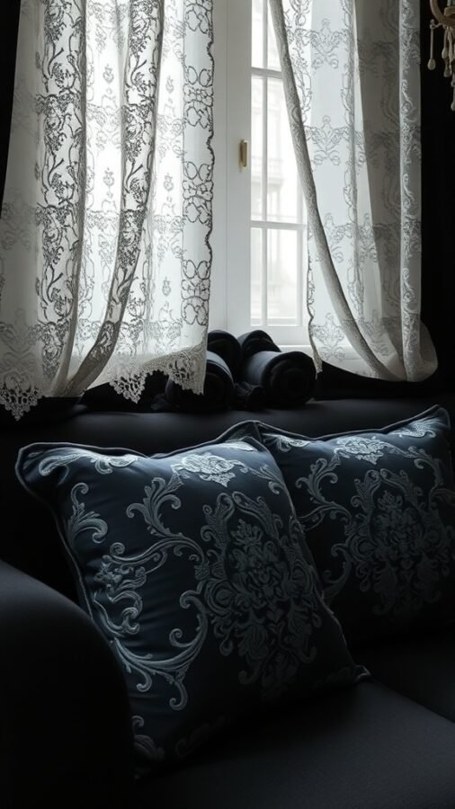A cozy gothic-inspired living space featuring lace curtains and dark brocade pillows.