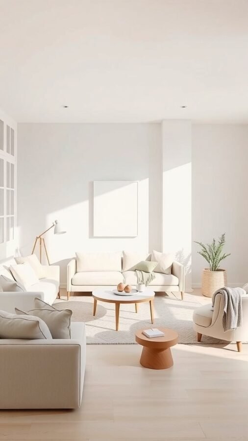 A minimalist living room with neutral colors, featuring soft beige sofas, a round coffee table, and a potted plant.