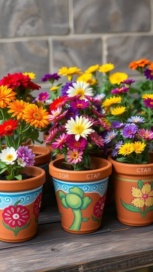 Colorful hand-painted terracotta pots with flowers