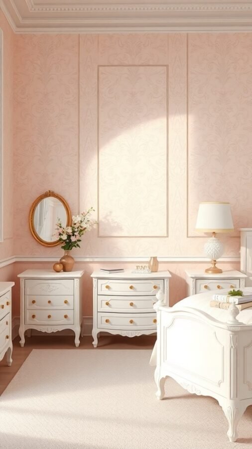 A serene bedroom with soft blush wallpaper, white furniture, and elegant decor.